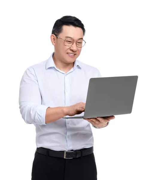 Zakenman Formele Kleding Met Laptop Witte Achtergrond — Stockfoto
