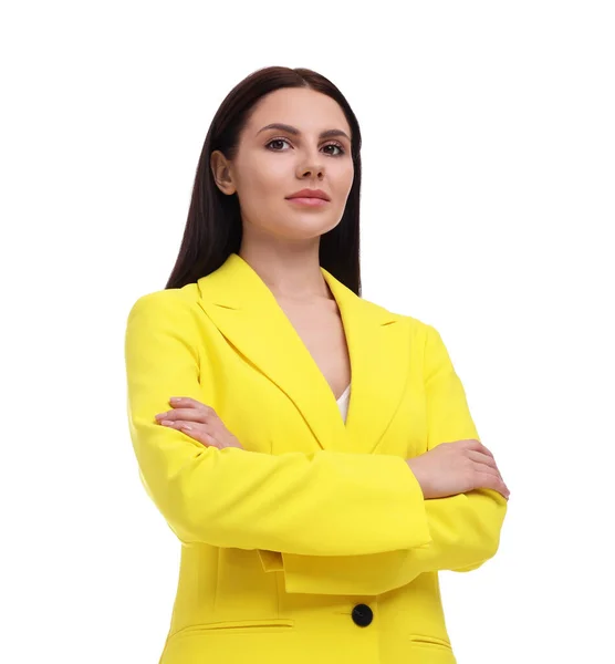 Schöne Geschäftsfrau Gelben Anzug Auf Weißem Hintergrund — Stockfoto