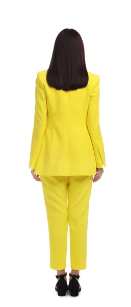 Geschäftsfrau Gelben Anzug Auf Weißem Hintergrund Rückseite — Stockfoto