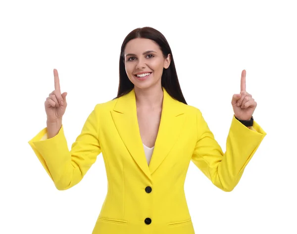 Beautiful Happy Businesswoman Yellow Suit Pointing Something White Background — Stock Photo, Image