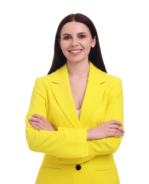 Beyaz Arka Planda Sarı Takım Elbiseli Güzel Mutlu Kadını — Stok fotoğraf