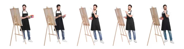 Collage Photos Painter Easel White Background — Stock Photo, Image