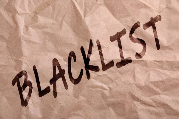 Blacklist Palavra Preta Papel Bege Amassado — Fotografia de Stock