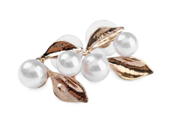Elegantes Pendientes Oro Con Perlas Aisladas Blanco Joyas Lujo —  Fotos de Stock