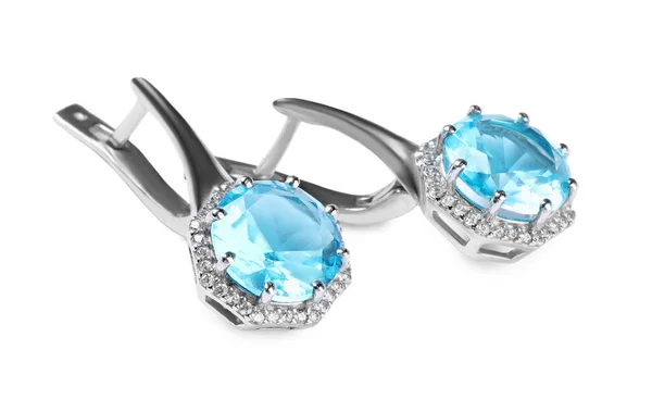 Eleganta Silverörhängen Med Ljusblå Ädelstenar Isolerade Vitt Lyxsmycken — Stockfoto