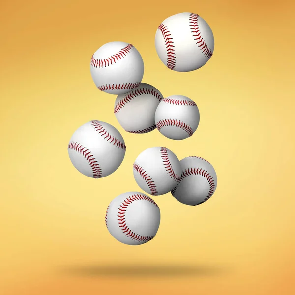 Muitas Bolas Beisebol Caindo Sobre Fundo Gradiente Dourado — Fotografia de Stock