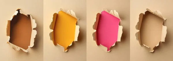 Collage of beige paper with torn holes on color background