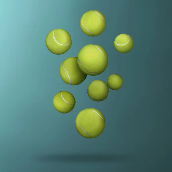 Beaucoup Balles Tennis Tombant Sur Fond Dégradé Sarcelle — Photo