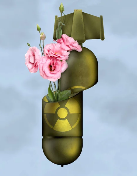 核戦争を防ぐ 明るい青の背景に花と壊れた原子兵器 — ストック写真