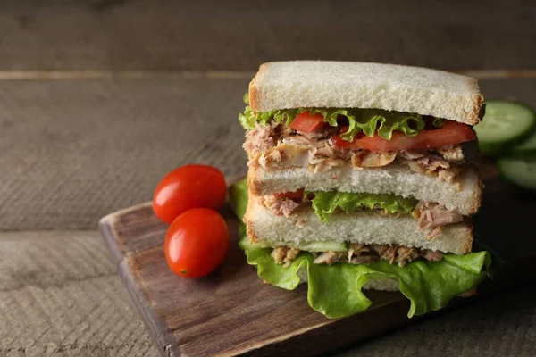 Delicious Sandwich Tuna Tomatoes Lettuce Wooden Table Closeup Space Text — Stock Photo, Image