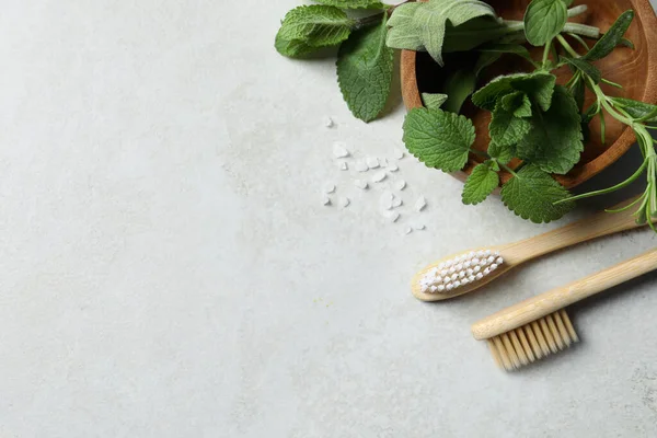 Toothbrushes Sea Salt Green Herbs Light Grey Table Flat Lay — Stock Photo, Image