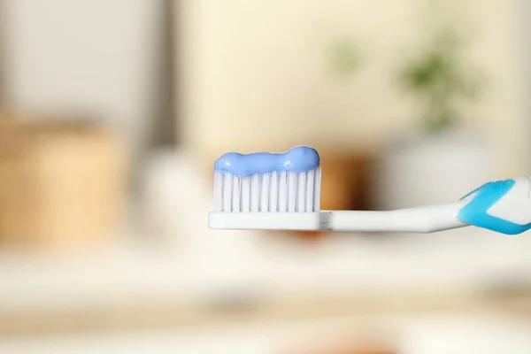 Plastic Toothbrush Paste Blurred Background Closeup — Stock Photo, Image