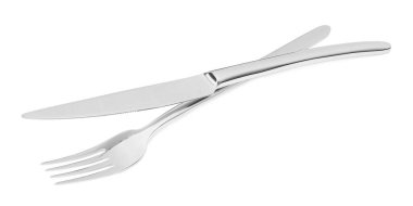 Fork and knife isolated on white. Stylish shiny cutlery set