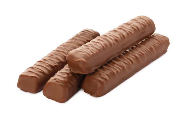 Doces Saborosas Barras Chocolate Fundo Branco — Fotografia de Stock