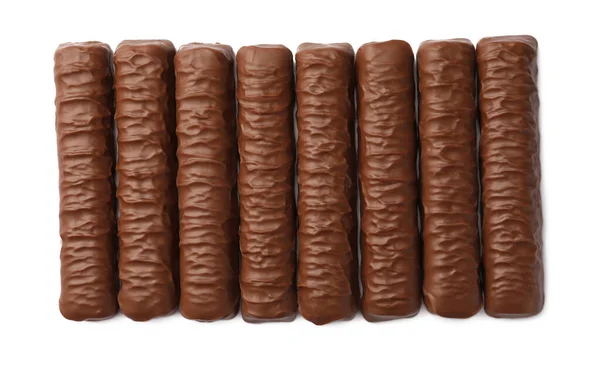 Söt Välsmakande Choklad Barer Vit Bakgrund Ovanifrån — Stockfoto