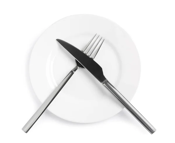 Clean Plate Shiny Cutlery White Background Top View — Stock Photo, Image