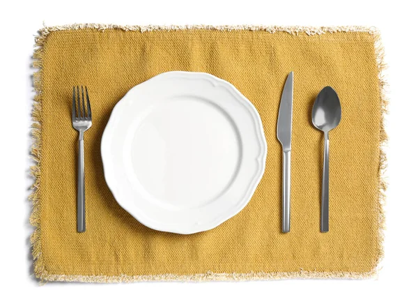Clean Plate Shiny Cutlery White Background Top View — Foto Stock