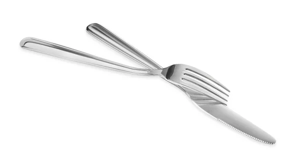 Fork Knife Isolated White Stylish Shiny Cutlery Set — Photo