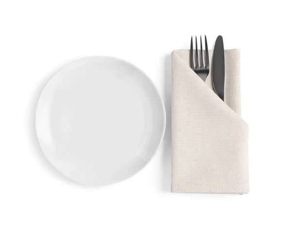 Empty Plate Fork Knife Wrapped Napkin White Background Top View — Stock Photo, Image