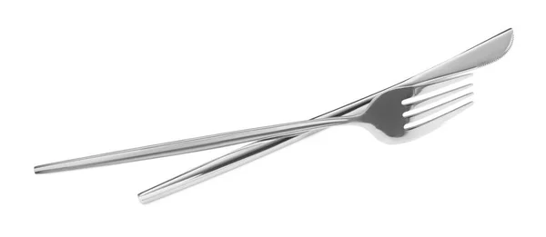 Fork Knife Isolated White Stylish Shiny Cutlery Set — Zdjęcie stockowe