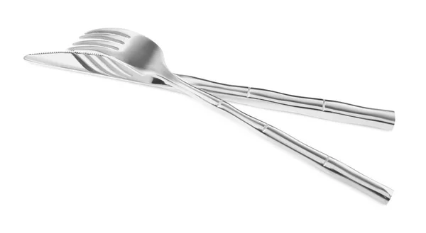 Fork Knife Isolated White Stylish Shiny Cutlery Set — Photo