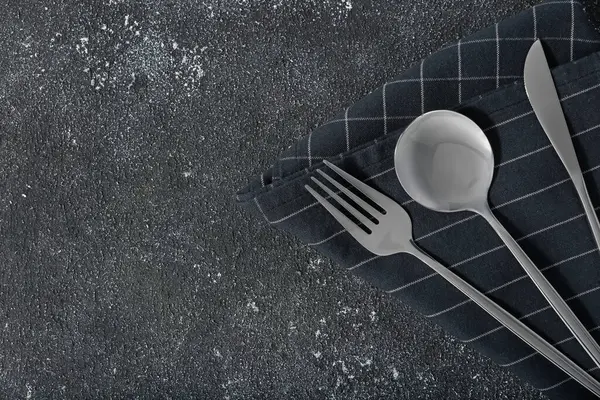 Stylish Cutlery Set Napkin Black Table Flat Lay Space Text — Stock Photo, Image