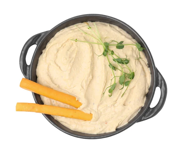 Hummus Delicioso Com Paus Grissini Fundo Branco Vista Superior — Fotografia de Stock