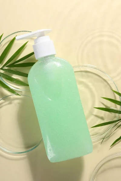 Botella Producto Limpieza Facial Hojas Frescas Placas Petri Agua Sobre — Foto de Stock
