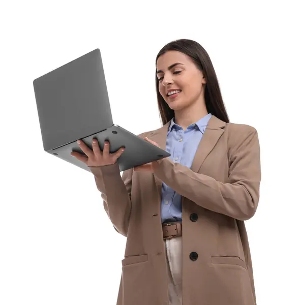 Gyönyörű Boldog Üzletasszony Segítségével Laptop Fehér Háttér Alacsony Látószögű Nézet — Stock Fotó