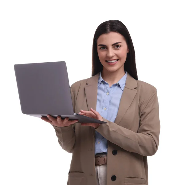 Indah Bahagia Pengusaha Wanita Menggunakan Laptop Latar Belakang Putih — Stok Foto