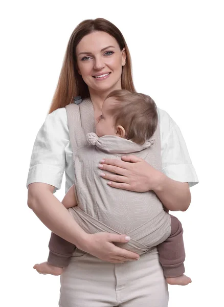 Mãe Segurando Seu Filho Funda Portador Bebê Fundo Branco — Fotografia de Stock
