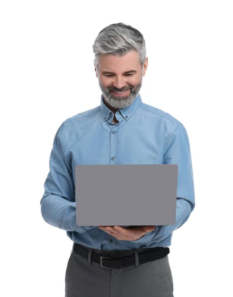 Dojrzały Biznesmen Stylowych Ubraniach Laptopem Białym Tle — Zdjęcie stockowe