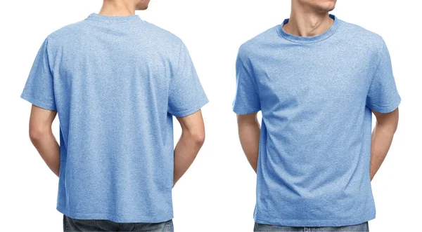 Collage Con Fotos Hombre Camiseta Azul Claro Sobre Fondo Blanco — Foto de Stock