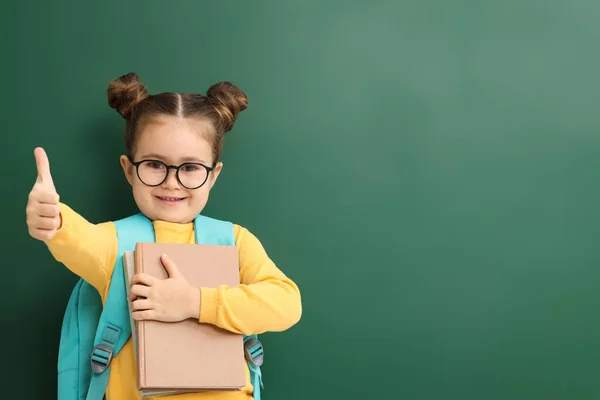 Happy Little School Child Notebooks Showing Thumbs Chalkboard Space Text — Foto de Stock