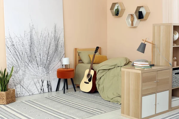 Stylish Teenager Room Interior Comfortable Bed Guitar — Foto Stock