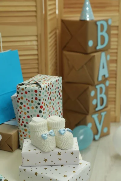 Baby Shower Party Booties Many Gift Boxes Bags Decorated Room — Stock Photo, Image