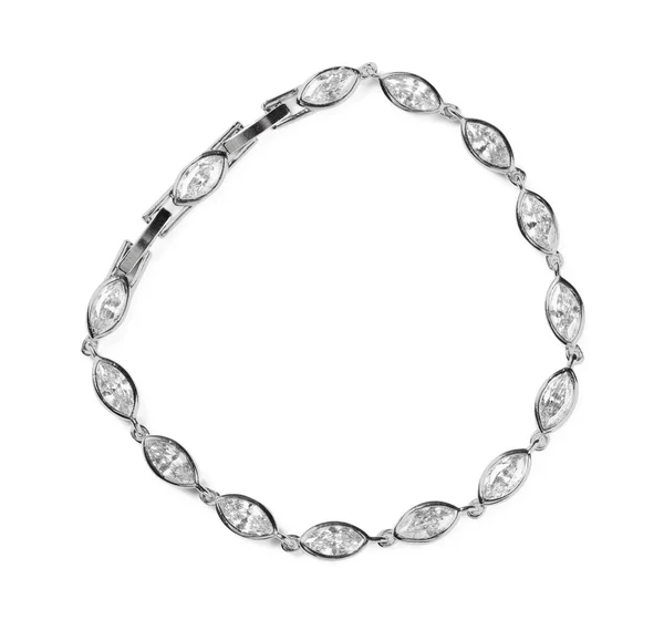 Elegantes Silberarmband Mit Edelsteinen Auf Weißem Grund Ansicht Von Oben — Stockfoto