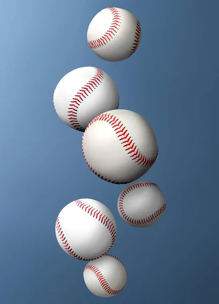 Wiele Piłek Bejsbolowych Spada Stalowym Tle Gradientowym — Zdjęcie stockowe
