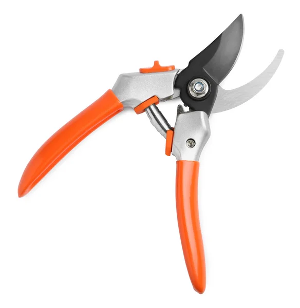 Secateurs Orange Handles Isolated White Top View Gardening Tool — Stock Photo, Image