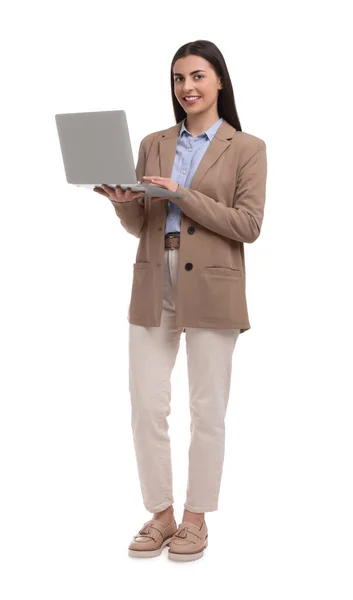 Gyönyörű Boldog Üzletasszony Laptop Fehér Háttér — Stock Fotó