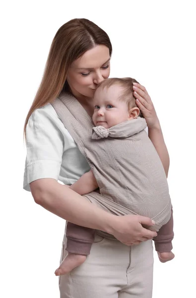 Moeder Houdt Haar Kind Draagdoek Baby Drager Witte Achtergrond — Stockfoto