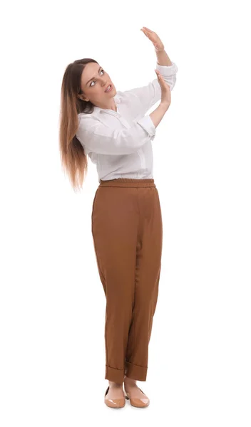 Beautiful Businesswoman Suit Avoiding Something White Background — Stock Photo, Image