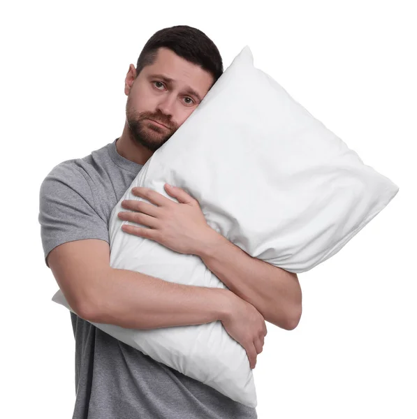 Δυστυχισμένος Άντρας Μαξιλάρι Λευκό Φόντο Πρόβλημα Αϋπνίας — Φωτογραφία Αρχείου