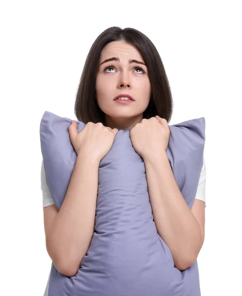 Нещаслива Молода Жінка Подушкою Білому Тлі Проблема Безсоння — стокове фото