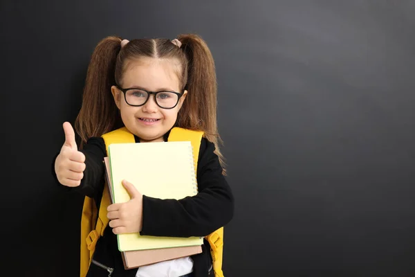 Happy Little School Child Notebooks Showing Thumbs Chalkboard Space Text — Stock fotografie