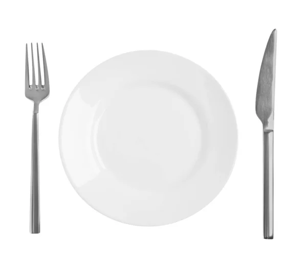 Clean Plate Shiny Cutlery White Background Top View — Fotografia de Stock