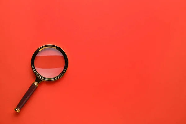 Magnifying Glass Red Background Top View Space Text — Stock Photo, Image