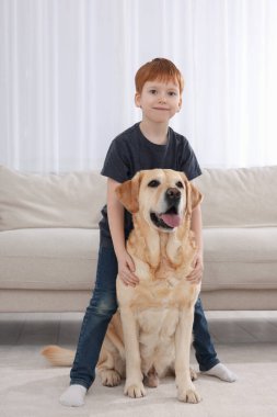 Evde Labrador Retriever 'ı olan sevimli bir çocuk. Sevimli hayvan.