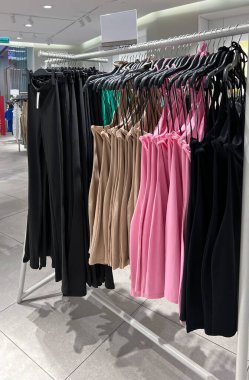 Moda mağazasında bir sürü şık kadın kıyafeti asılı duruyor.