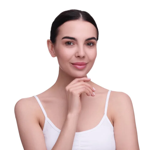 Mooie Vrouw Met Gezonde Huid Witte Achtergrond Lichaamsverzorging — Stockfoto